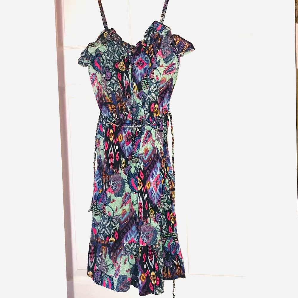 Vintage OP Ocean Pacific Multicolor Colorful Ruffle 100% Cotton Sun Dress XS